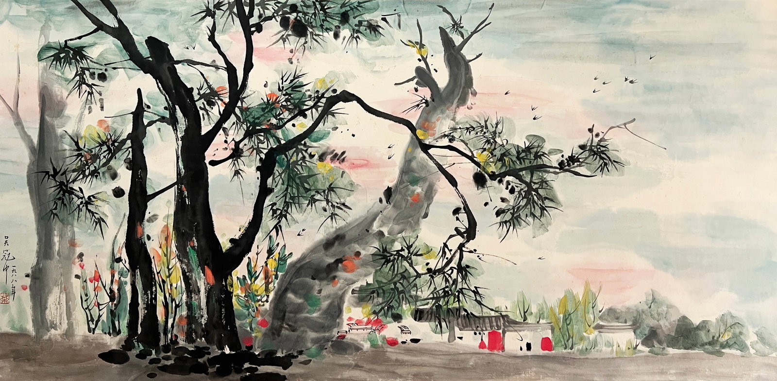 Wu Guanzhong mark, Chinese Gannan Scenery painting. Ink and Color on Paper, Mounted: Wu Guanzhong mark, Chinese Gannan Scenery painting. Ink and Color on Paper, Mounted (136 x 68cm)