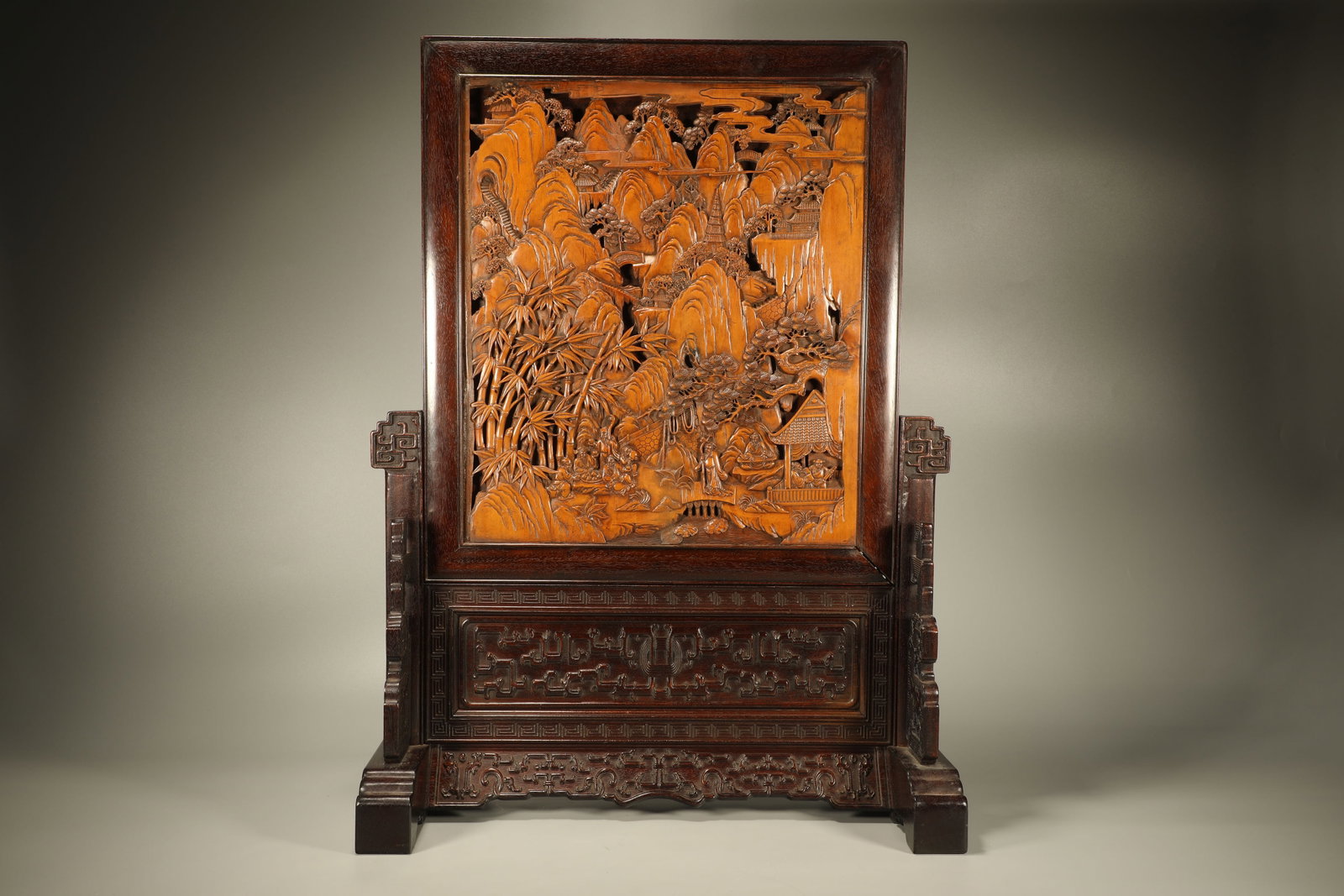 Red Sandalwood Inlaid Boxwood Carved Bamboo and Character Story Pattern Table Plaque: Red Sandalwood Inlaid Boxwood Carved Bamboo and Character Story Pattern Table Plaque (61 x 44 x 22cm)