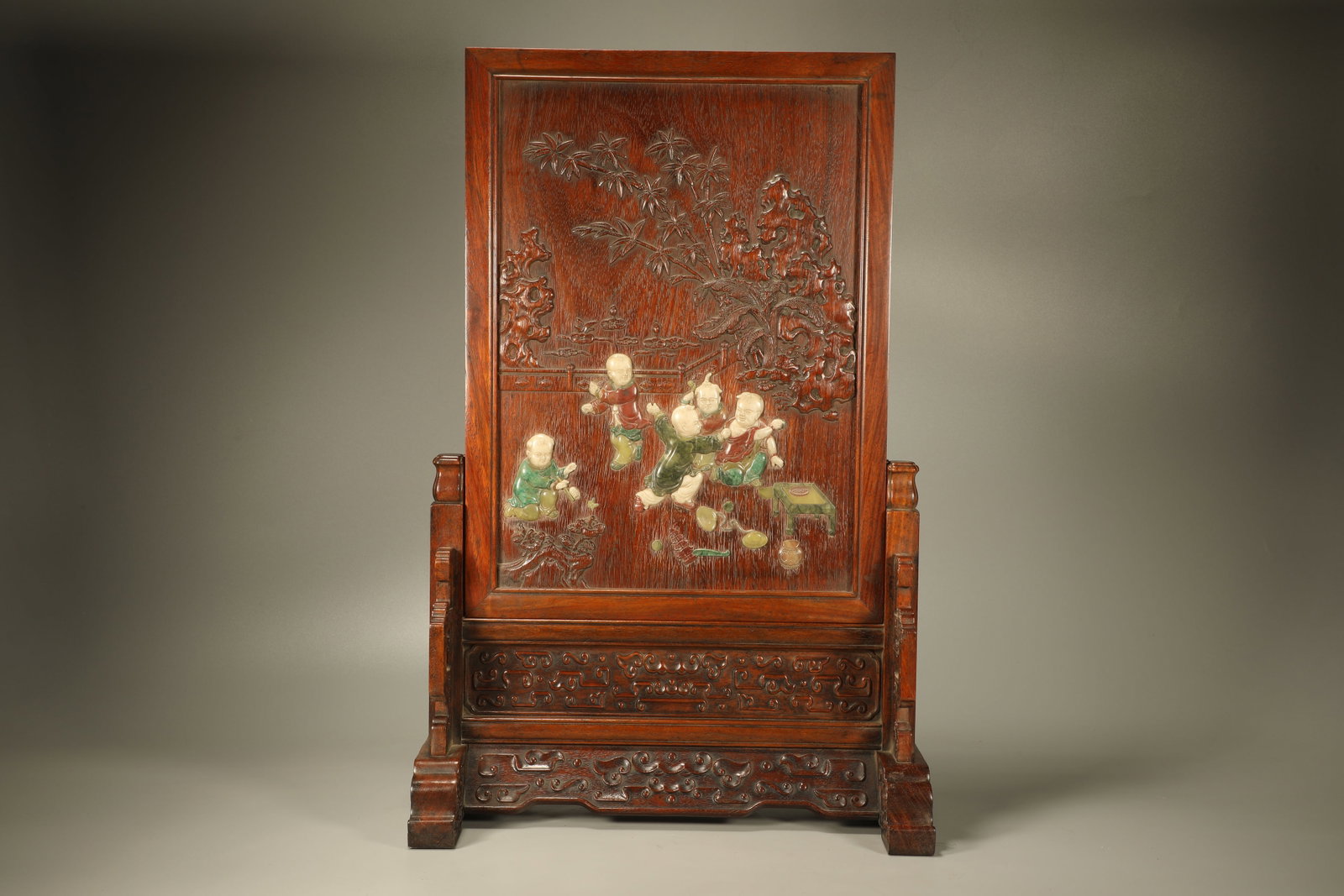 Huanghuali Wood Inlaid Multi GemStone Carved Playing Children Pattern Table Plaque: Huanghuali Wood Inlaid Multi GemStone Carved Playing Children Pattern Table Plaque (51 x 33 x 17cm)