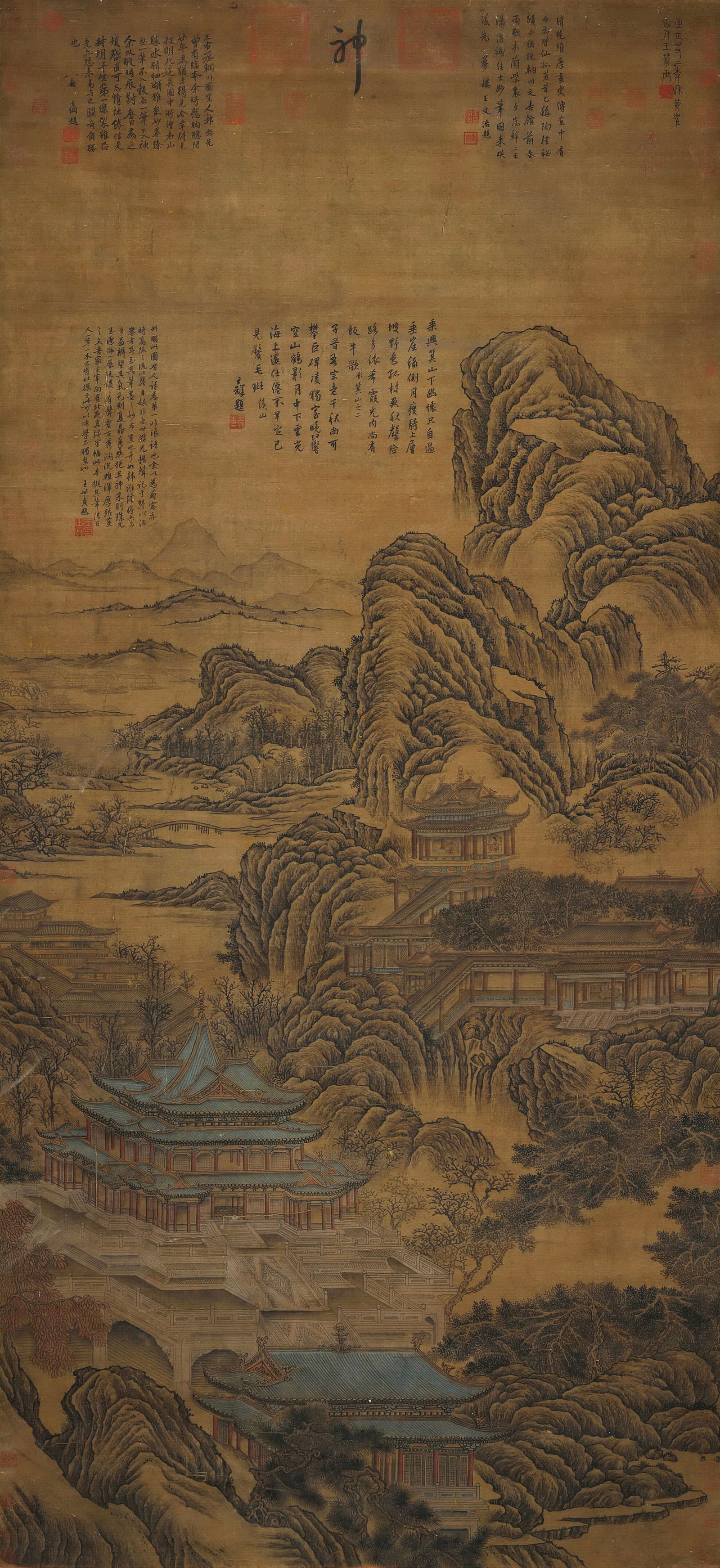 Wang Meng mark, Chinese Pavilion and Landscape painting. Ink and Color on Silk, Hanging Scroll: Wang Meng mark, Chinese Pavilion and Landscape painting. Ink and Color on Silk, Hanging Scroll (208 x 98cm)