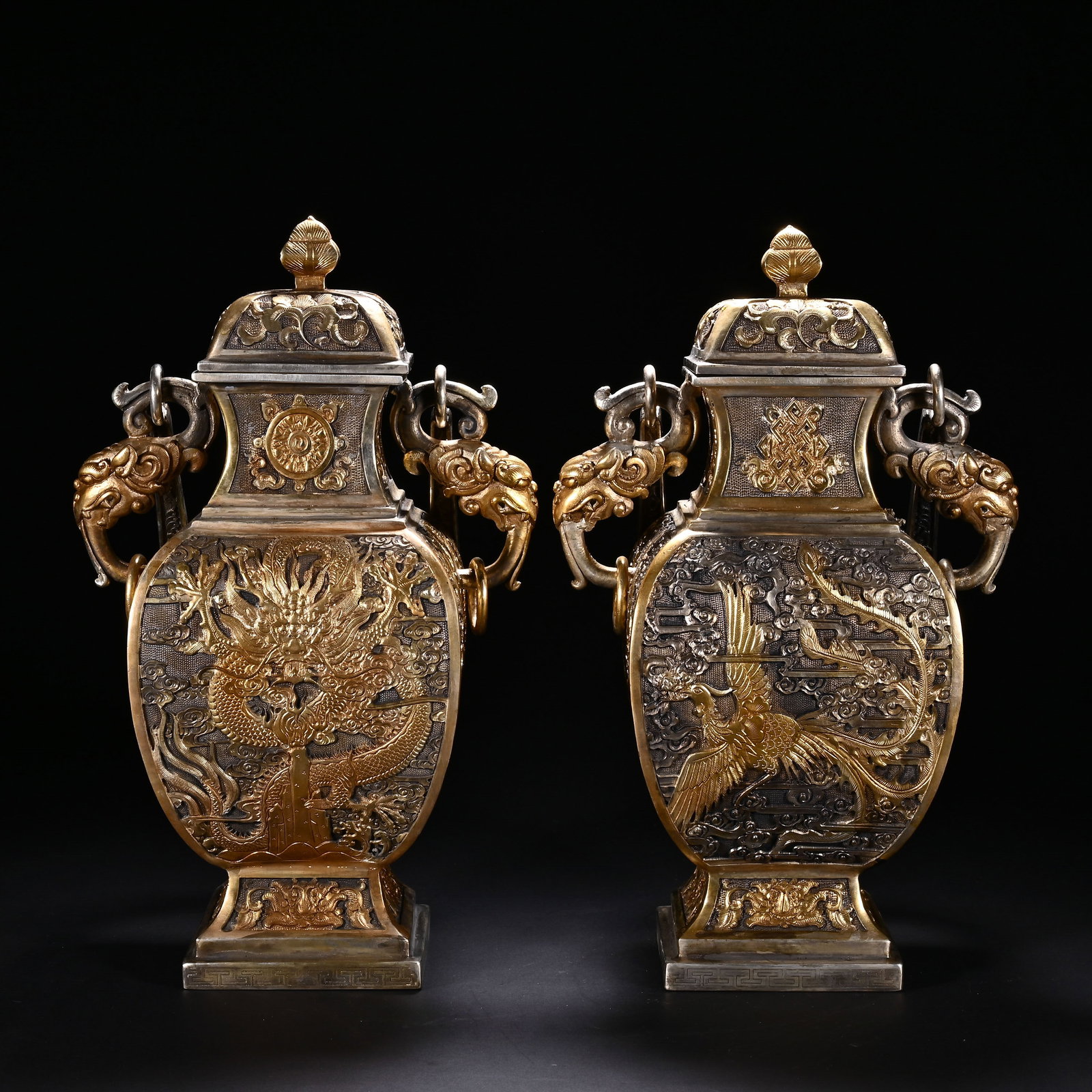 A PAIR OF CHINESE GILT-BRONZE DRAGON AND PHOENIX VASES (1 of 10)