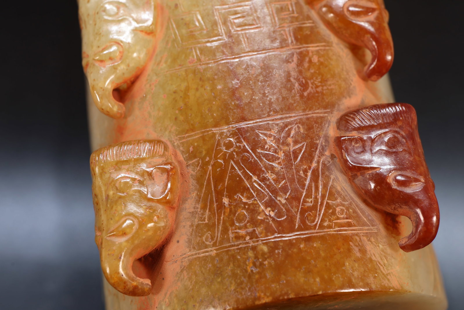 Jade Carved Elephant Face and Beast Face Pattern Cong - 11