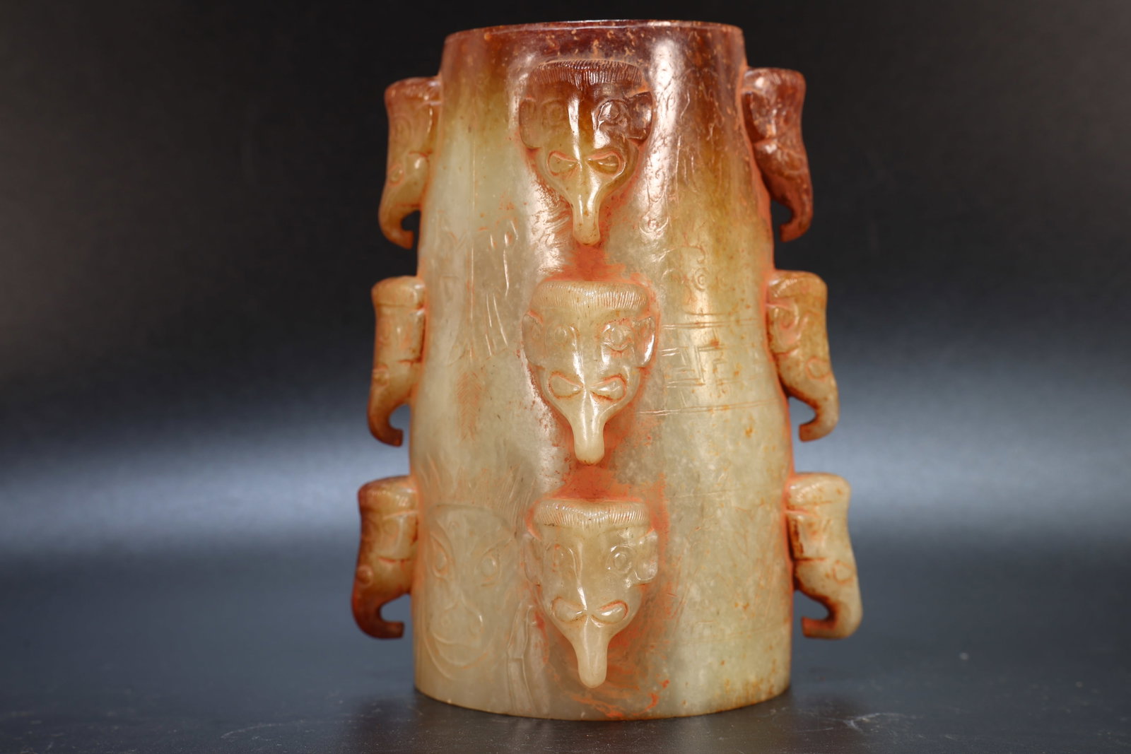 Jade Carved Elephant Face and Beast Face Pattern Cong: Jade Carved Elephant Face and Beast Face Pattern Cong (13 x 11cm)