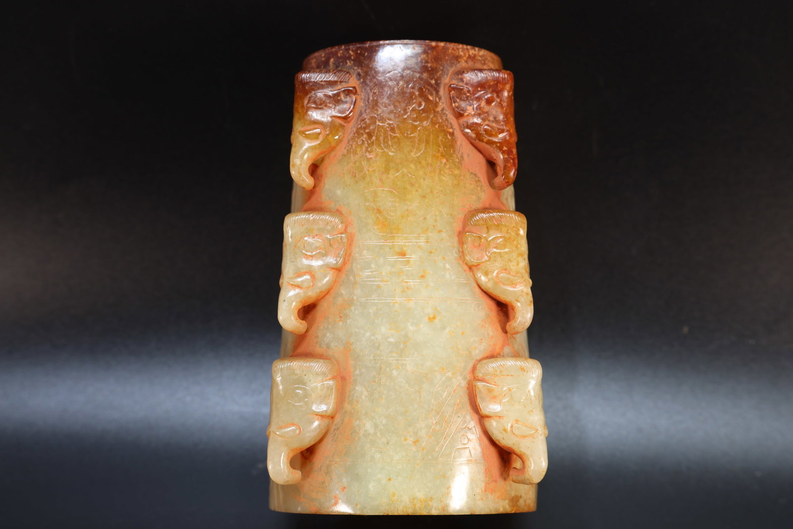Jade Carved Elephant Face and Beast Face Pattern Cong - 3