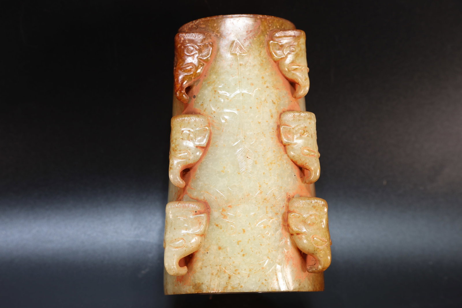 Jade Carved Elephant Face and Beast Face Pattern Cong - 6