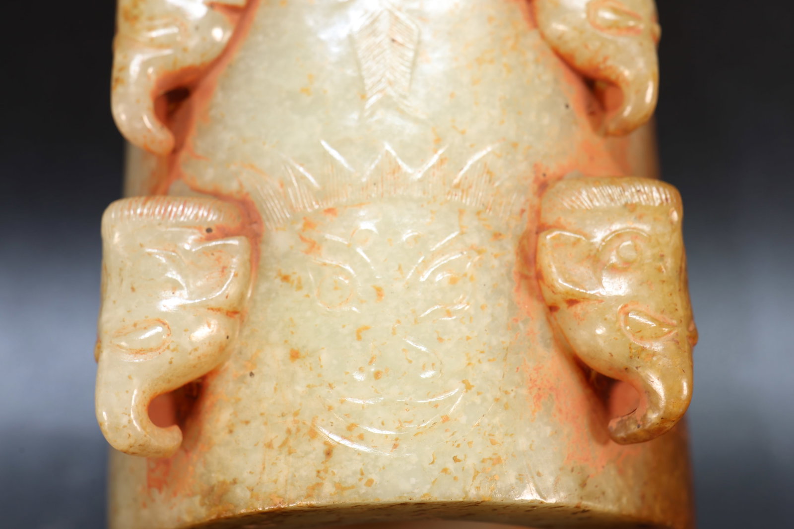 Jade Carved Elephant Face and Beast Face Pattern Cong - 8