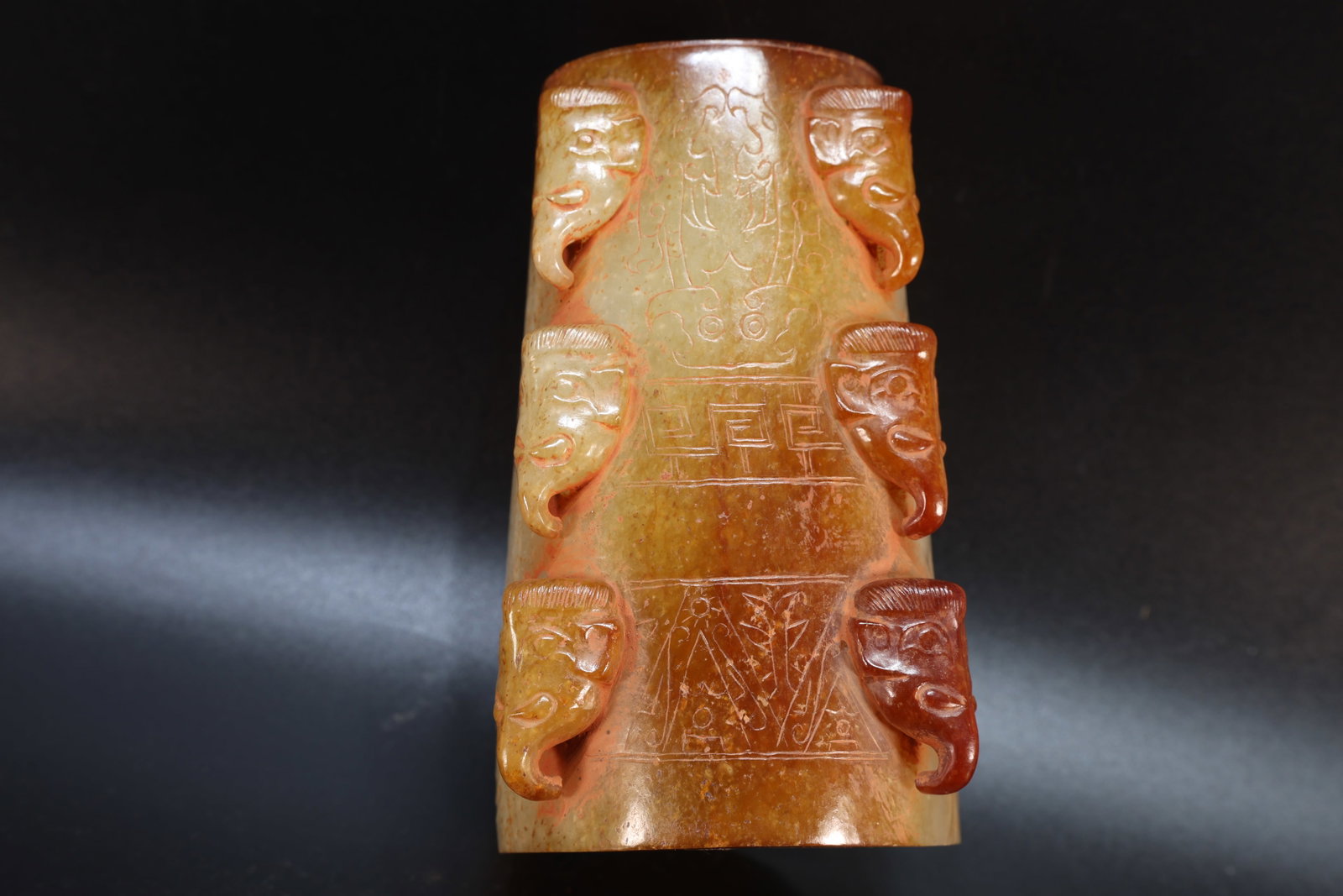 Jade Carved Elephant Face and Beast Face Pattern Cong - 9