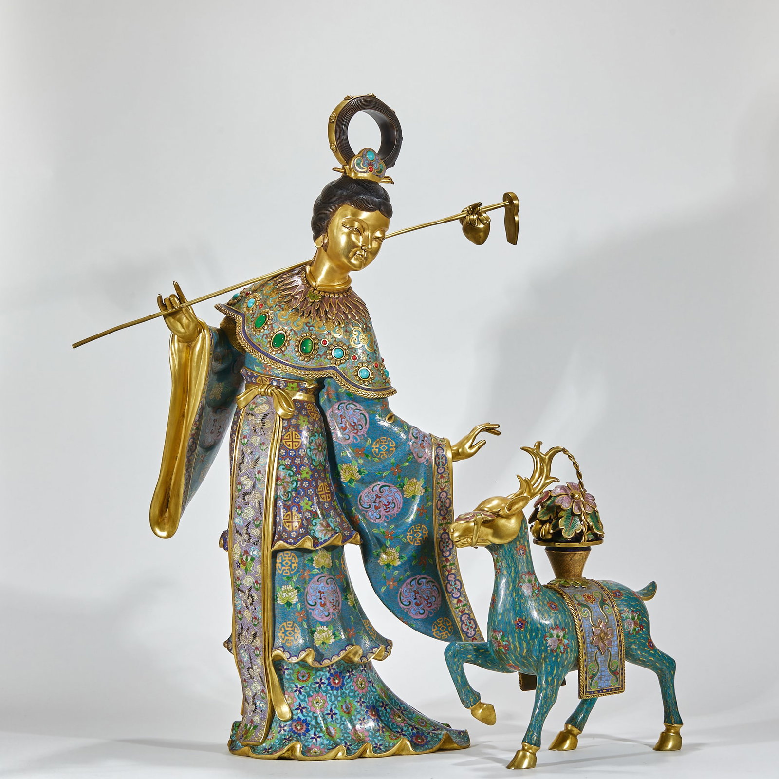 Bronze Cloisonne Carved Flower Pattern Character and Deer Shape Figure: Bronze Cloisonne Carved Flower Pattern Character and Deer Shape Figure ?88 x 48cm,Weight 37kg?