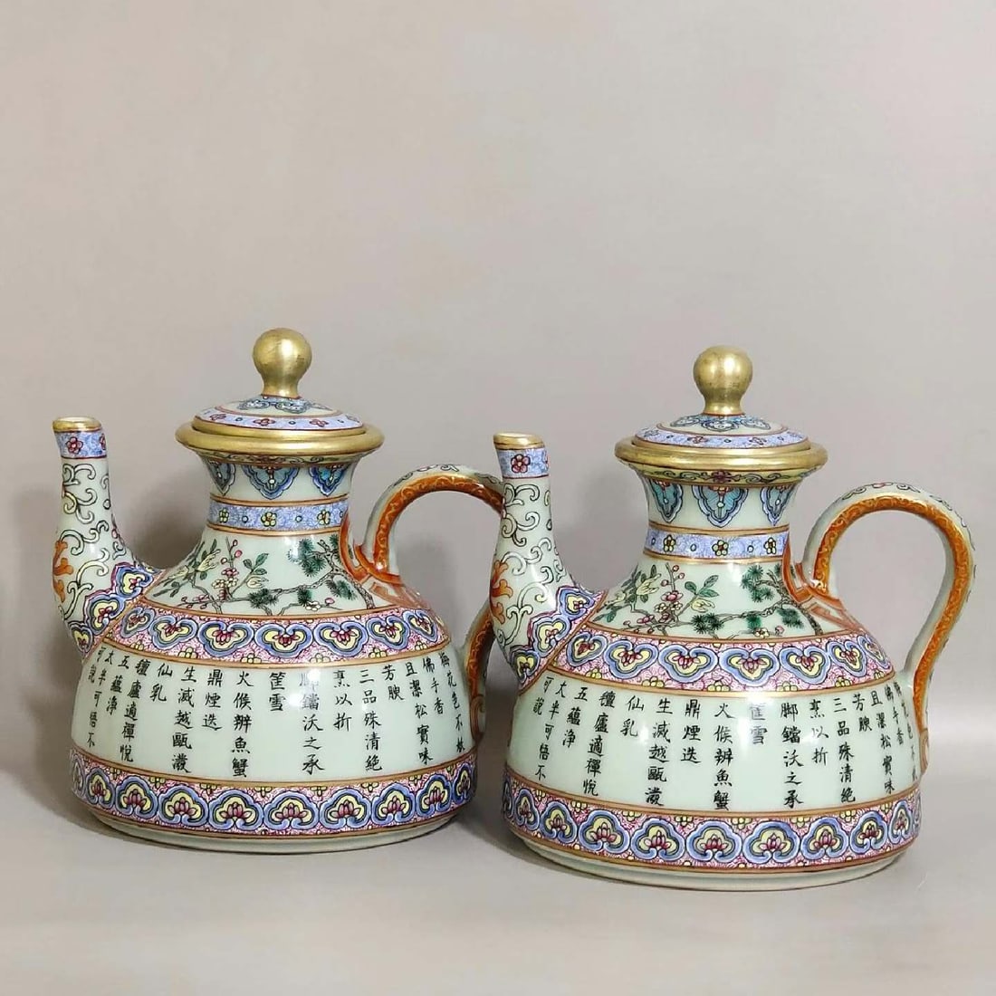 Pair of Famille Rose Pine Tree and Plum Flower & Poetry Pattern Porcelain Teapot (1 of 8)
