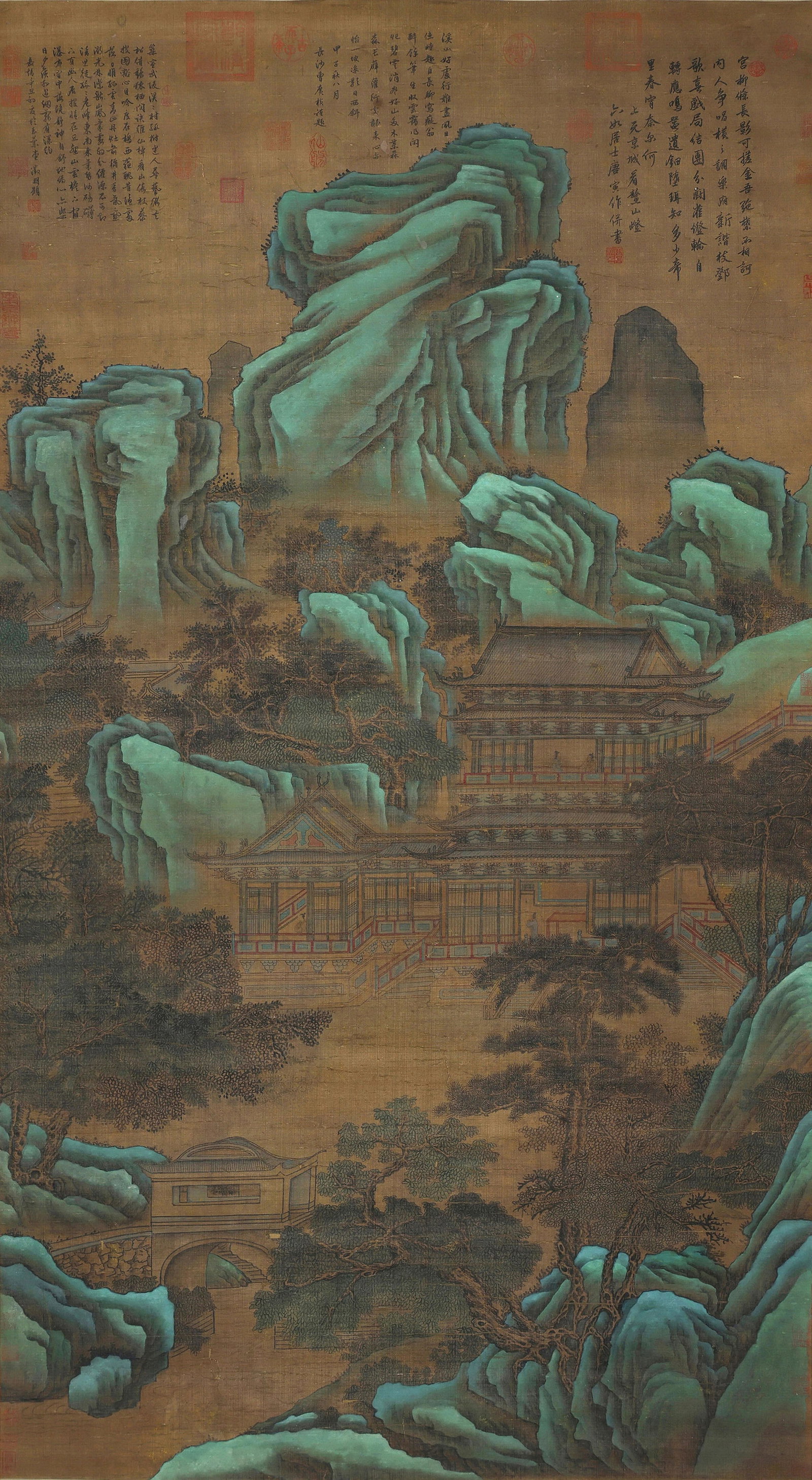 Tang Yin mark, Chinese Pavilion and Landscape painting. Ink and Color on Silk, Hanging Scroll: Tang Yin mark, Chinese Pavilion and Landscape painting. Ink and Color on Silk, Hanging Scroll (175 x 100cm)