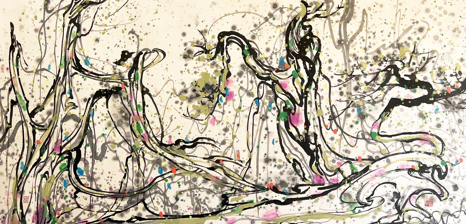 Wu Guanzhong mark, Chinese Strange World painting. Ink and Color on Paper, Mounted: Wu Guanzhong mark, Chinese Strange World painting. Ink and Color on Paper, Mounted (136 x 67cm)