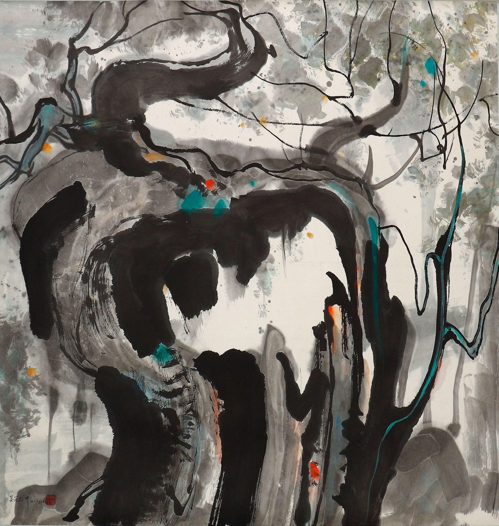 A CHINESE PAINTING OF ANCIENT TREES, SIGNED WU GUANZHONG: A CHINESE PAINTING OF ANCIENT TREES, SIGNED WU GUANZHONG (122 x 122cm)