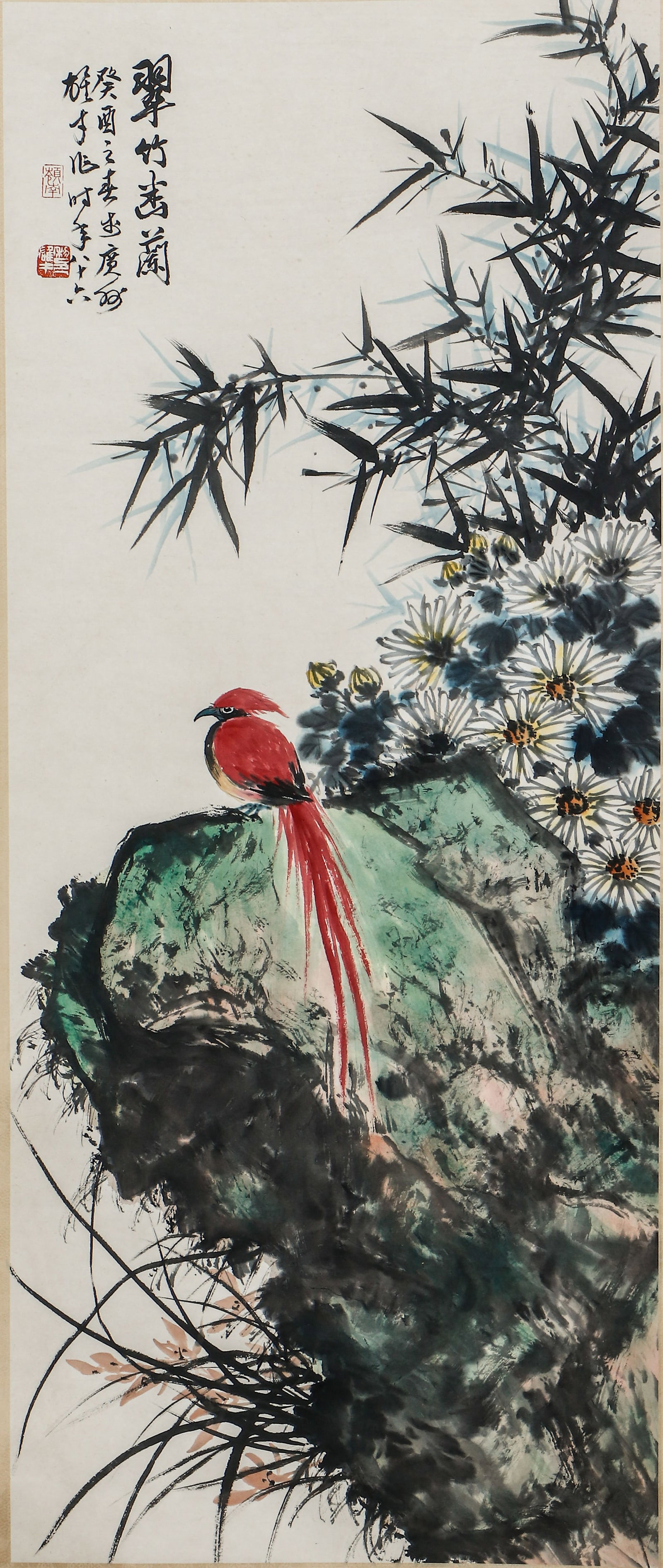 A CHINESE PAINTING OF LONG-TAIL BIRD, BAMBOO AND CHRYSANTHEMUMS, SIGNED LI XIONGCAI: A CHINESE PAINTING OF LONG-TAIL BIRD, BAMBOO AND CHRYSANTHEMUMS, SIGNED LI XIONGCAI (125 x 57cm)
