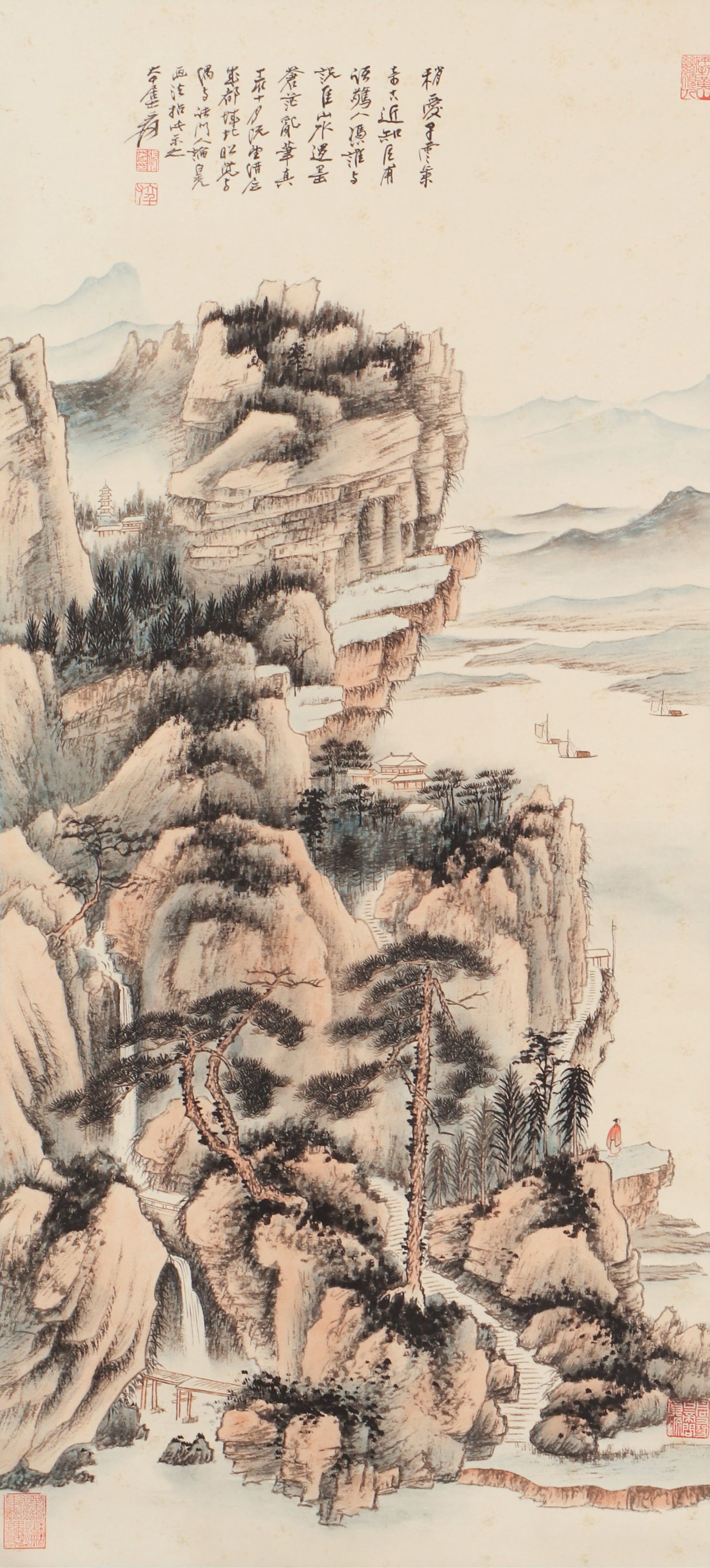 A CHINESE PAINTING OF SCHOLAR VIEWING CLIFFS, SIGNED ZHANG DAQIAN: A CHINESE PAINTING OF SCHOLAR VIEWING CLIFFS, SIGNED ZHANG DAQIAN (138 x 67cm)
