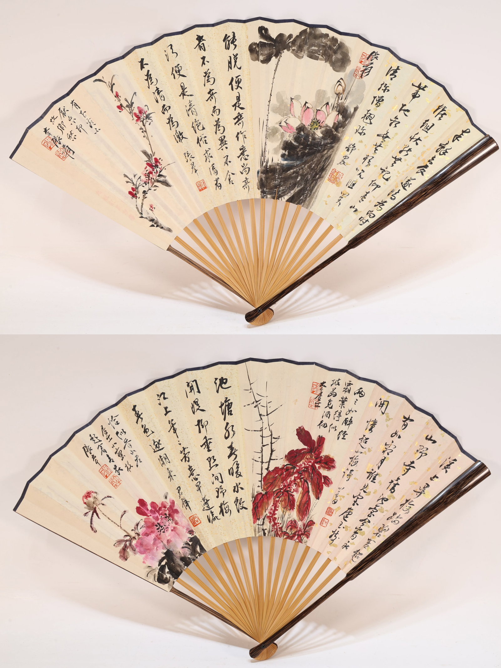 Chinese Drawing Lotus Flower Painting Fan,Zhang Daqian Mark: Chinese Drawing Lotus Flower Painting Fan,Zhang Daqian Mark (50.5 x 31.3cm)