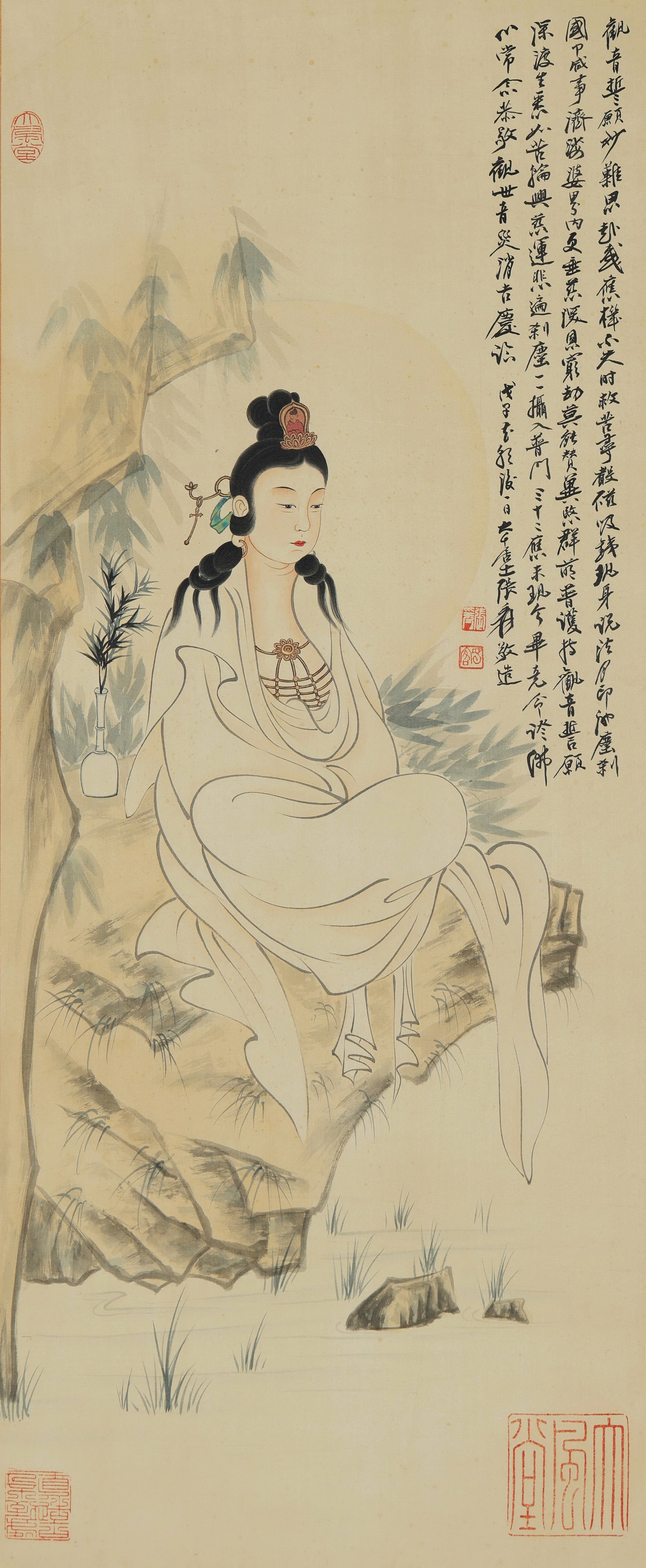 Zhang Daqian mark, Chinese Avalokitesvara painting. Ink and Color on Paper, Hanging Scroll: Zhang Daqian mark, Chinese Avalokitesvara painting. Ink and Color on Paper, Hanging Scroll (93 x 38cm)