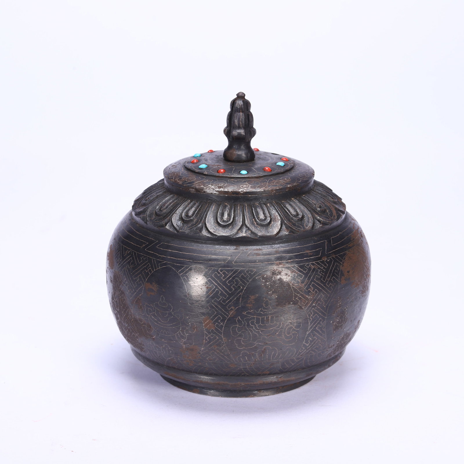 A TIBETAN COPPER INLAID JAR WITH GEM-SET LID: A TIBETAN COPPER INLAID JAR WITH GEM-SET LID (12 x 12 x 13cm,Weight 1630g)
