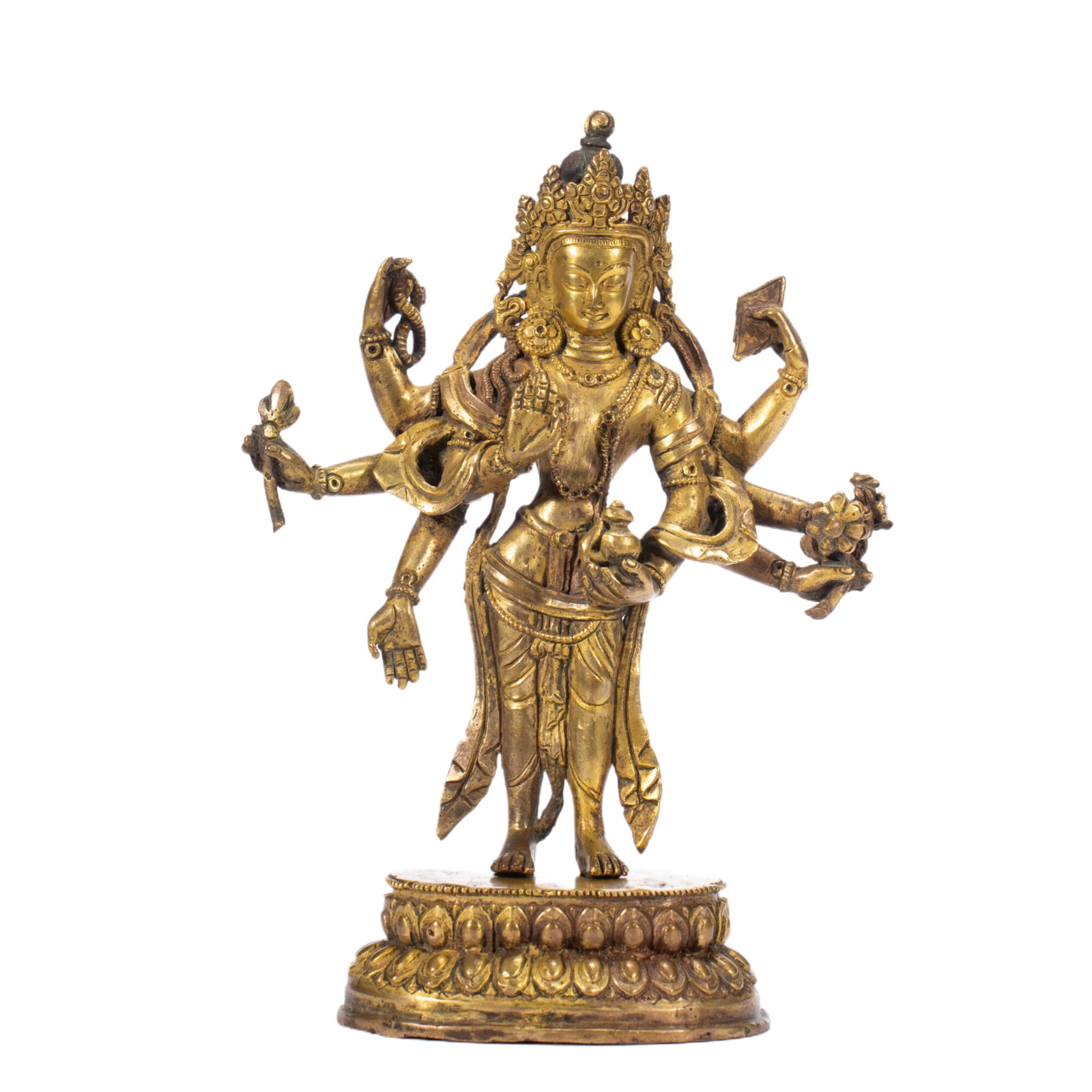 A CHINESE GILT BRONZE MULTI-ARM BODHISATTVA: A CHINESE GILT BRONZE MULTI-ARM BODHISATTVA (13 x 6.5 x 18cm,Weight 680g)