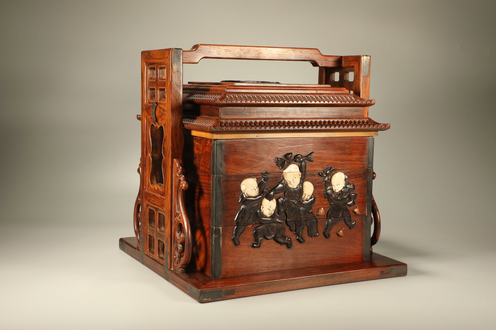 Huanghuali Wood Inlaid Red Sandalwood Carved Playing Children Pattern Food Tray Box (1 of 6)