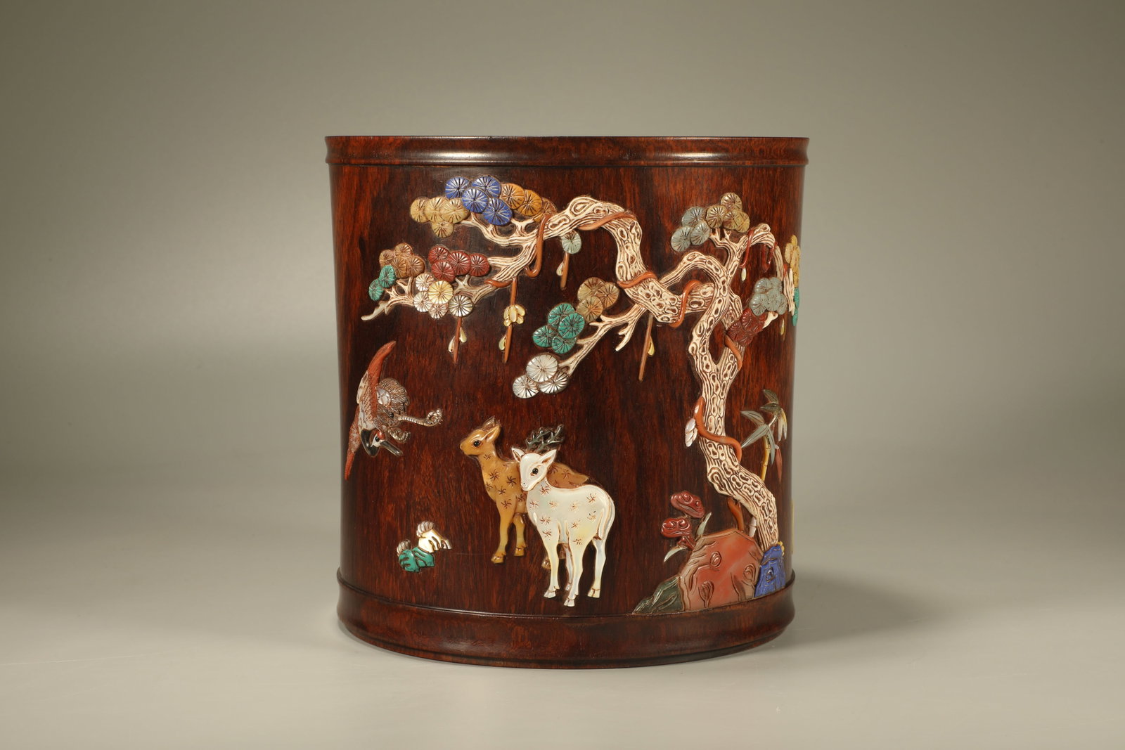 Huanghuali Wood Inlaid Multi GemStone Carved Deer and Crane Pattern Brush Pot: Huanghuali Wood Inlaid Multi GemStone Carved Deer and Crane Pattern Brush Pot (18.5 x 18.5cm)