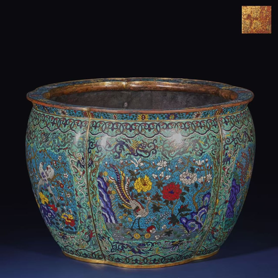 Bronze Cloisonne Carved Flower and Phoenix Pattern Pot: Bronze Cloisonne Carved Flower and Phoenix Pattern Pot ?48 x 34cm,Weight 10kg?