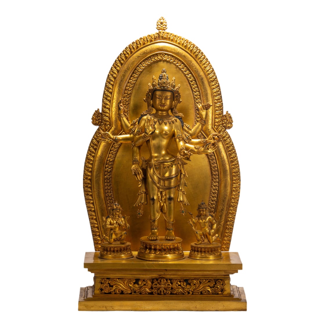 A CHINESE GILT BRONZE MULTI-ARMED BODHISATTVA: A CHINESE GILT BRONZE MULTI-ARMED BODHISATTVA (40 x 30 x 66cm,Weight 27870g)
