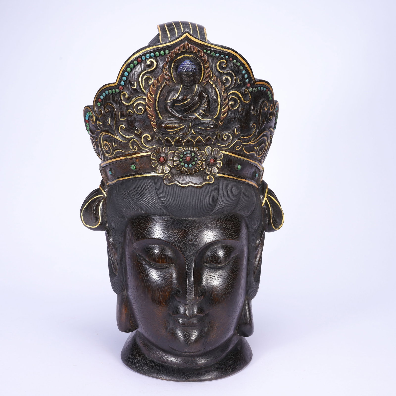 A HARDSTONES INLAID ALOESWOOD CHENXIANG BODHISATTVA HEAD: A HARDSTONES INLAID ALOESWOOD CHENXIANG BODHISATTVA HEAD (36cm,Weight 2170g)