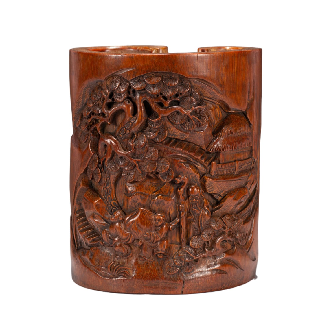 A CHINESE CARVED BAMBOO FIGURE BRUSH POT (1 of 9)