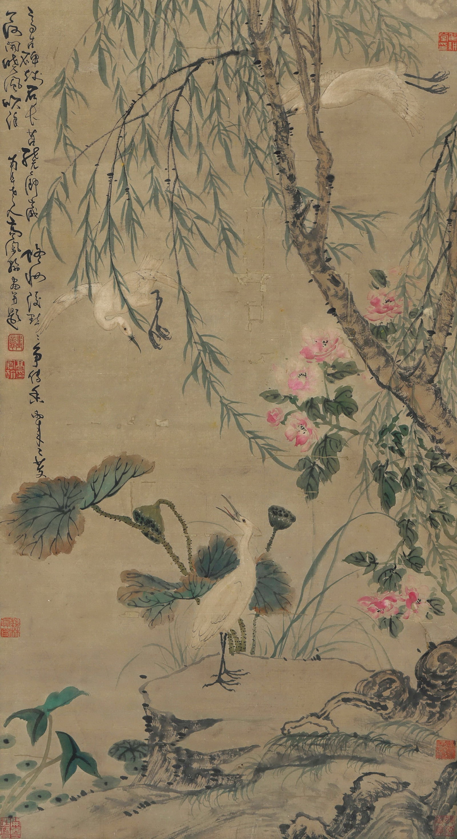 Gao Fenghan mark, Chinese Lotus and Egret painting. Ink and Color on Paper, Hanging Scroll: Gao Fenghan mark, Chinese Lotus and Egret painting. Ink and Color on Paper, Hanging Scroll (90 x 49cm)