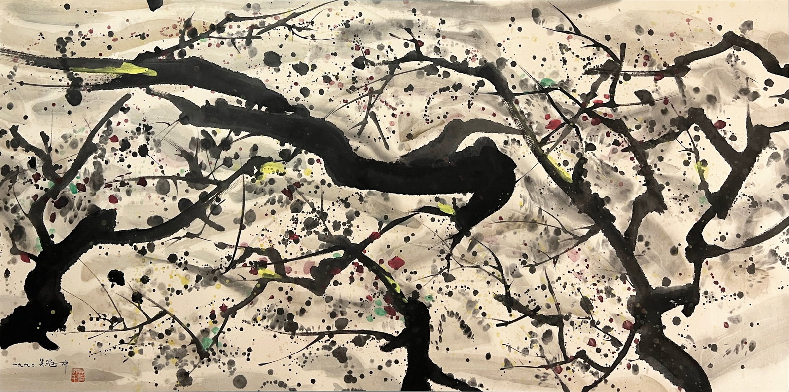 Wu Guanzhong mark, Chinese Red Plum Blossom painting. Ink and Color on Paper, Mounted: Wu Guanzhong mark, Chinese Red Plum Blossom painting. Ink and Color on Paper, Mounted (136 x 68cm)