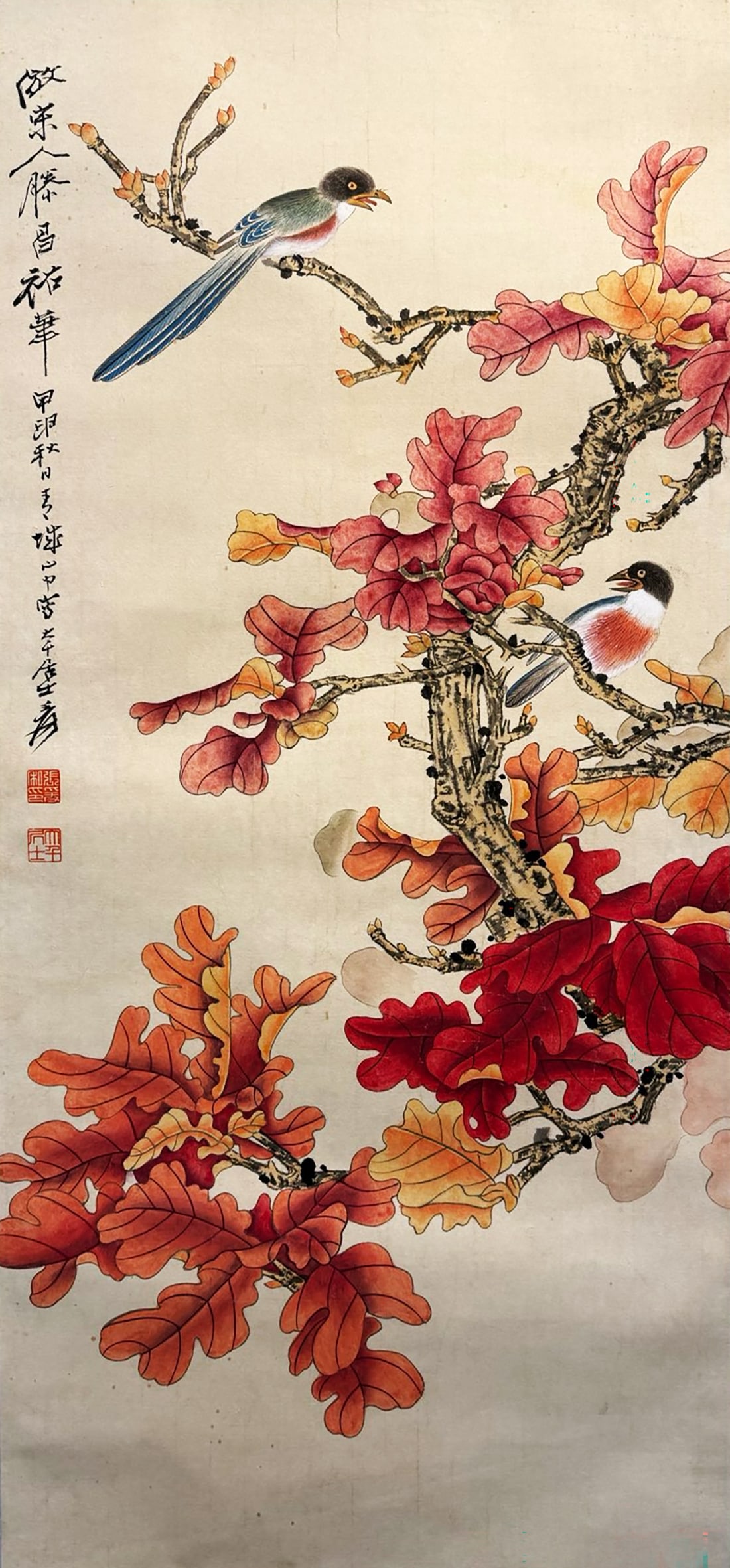 Zhang Daqian mark, Chinese Bird and Maple painting. Ink and Color on Paper, Hanging Scroll: Zhang Daqian mark, Chinese Bird and Maple painting. Ink and Color on Paper, Hanging Scroll (102 x 42cm)