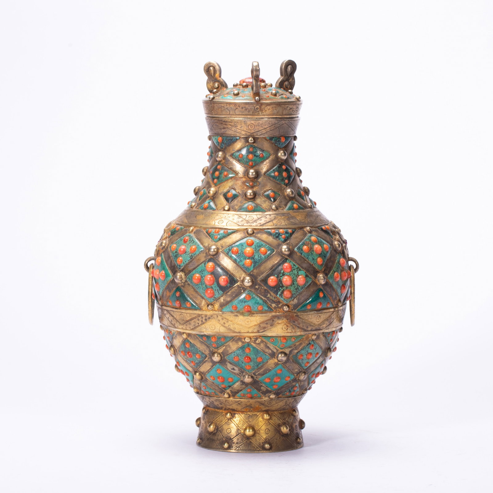 CHINESE GILT-BRONZE INLAID VASE: CHINESE GILT-BRONZE INLAID VASE (11 x 11 x 21cm,Weight 640g)