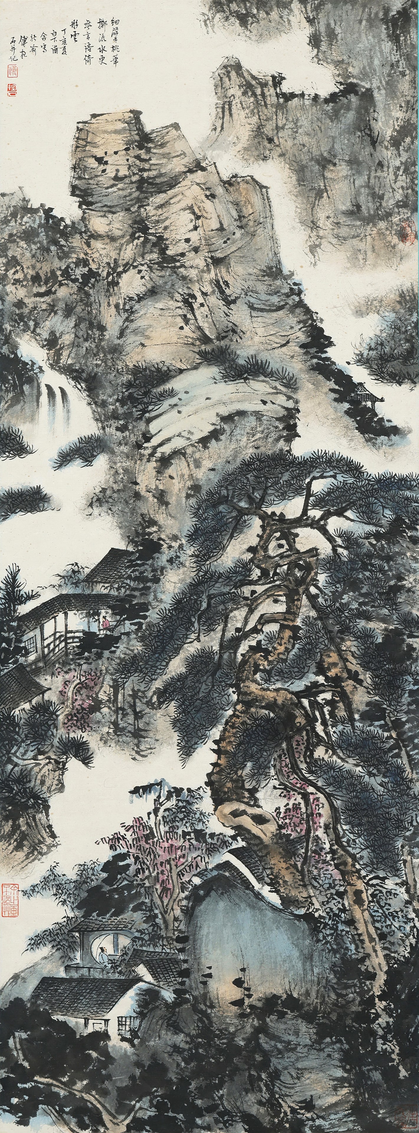 Fu Baoshi mark, Chinese Waterfall Landscape painting. Ink and Color on Paper, Hanging Scroll: Fu Baoshi mark, Chinese Waterfall Landscape painting. Ink and Color on Paper, Hanging Scroll (123 x 64cm)