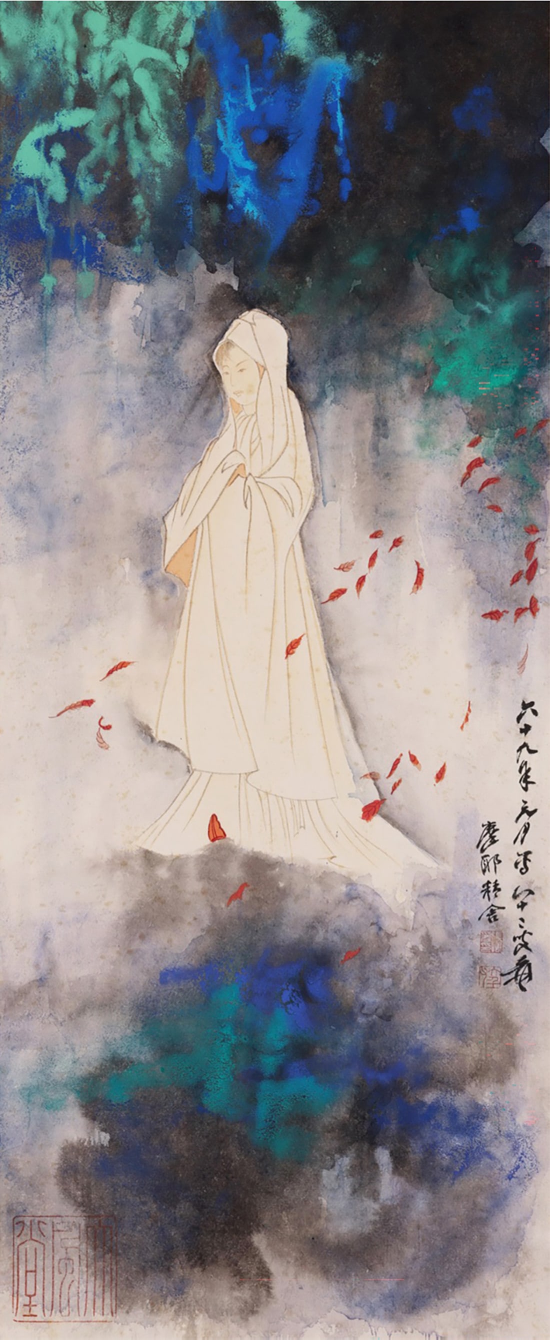 Zhang Daqian mark, Chinese Fairy painting. Ink and Color on Paper, Hanging Scroll: Zhang Daqian mark, Chinese Fairy painting. Ink and Color on Paper, Hanging Scroll (92 x 38cm)