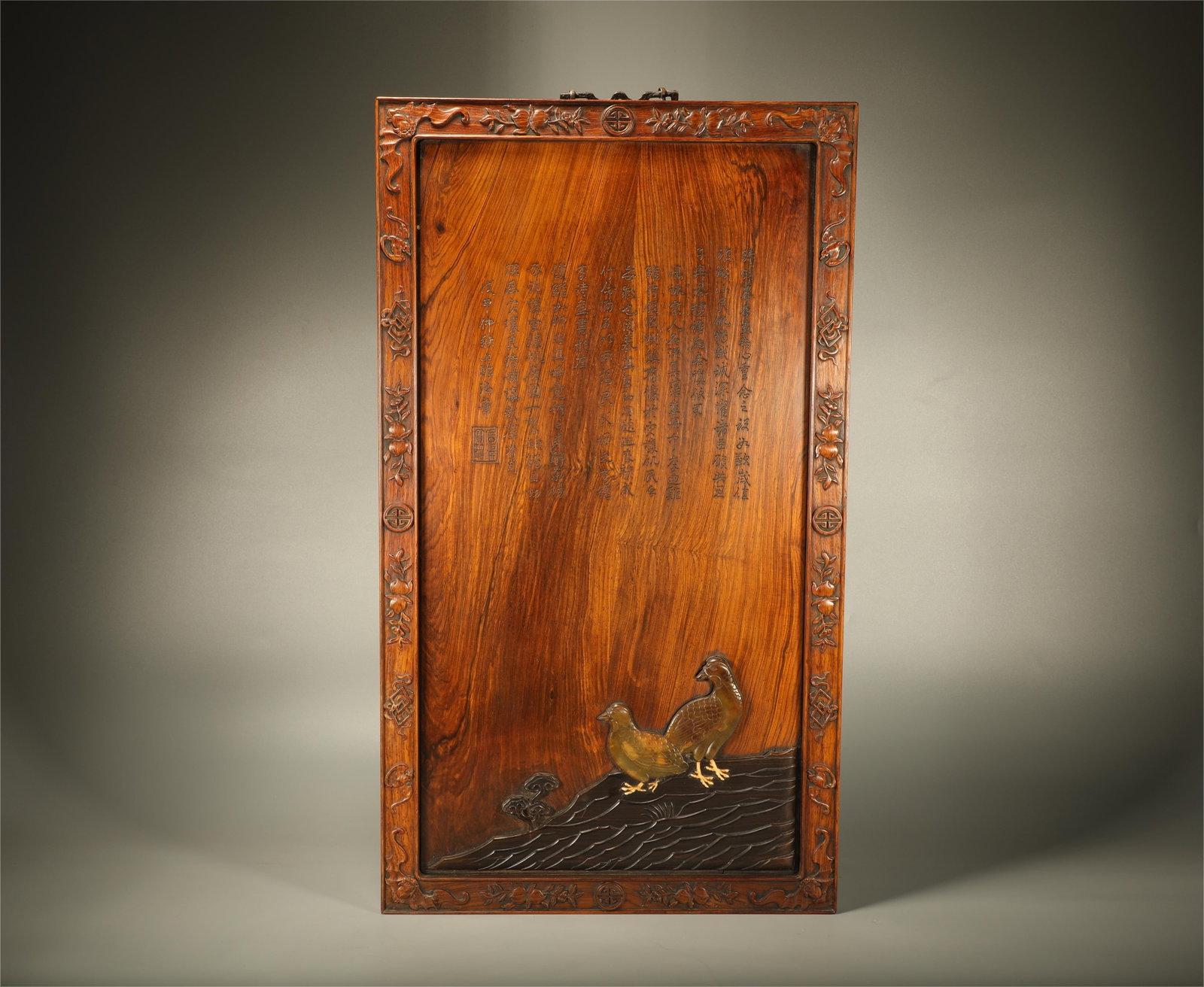 Huanghuali Wood Carved Quail and Poetry Pattern Wall Panel: Huanghuali Wood Carved Quail and Poetry Pattern Wall Panel (40 x 70 x 3cm)