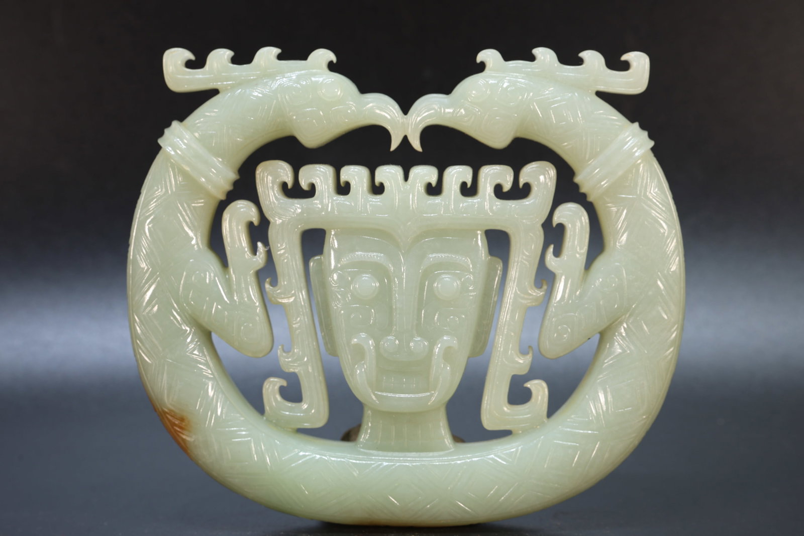 Jade Carved Character Face and Bird Pattern Bi: Jade Carved Character Face and Bird Pattern Bi (13 x 11.5 x 1.5cm)