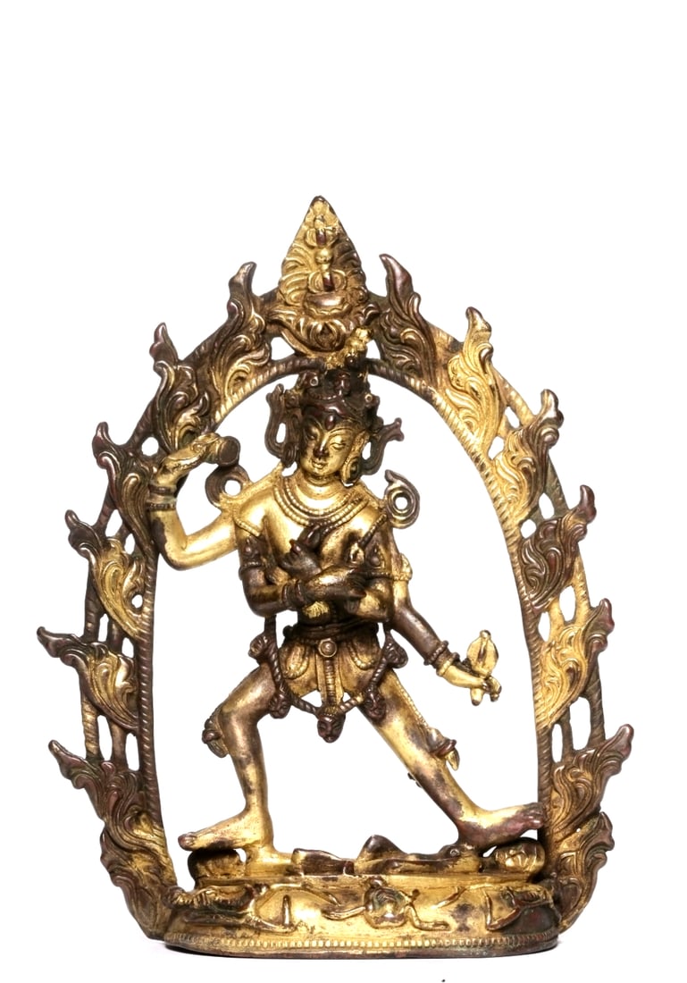 A GILT-BRONZE FIGURE OF FOUR-ARMED CHAKRASAMVARA: A GILT-BRONZE FIGURE OF FOUR-ARMED CHAKRASAMVARA Height:11.8cm,Length:9cm,Width:3.8cm;Weight:221grams