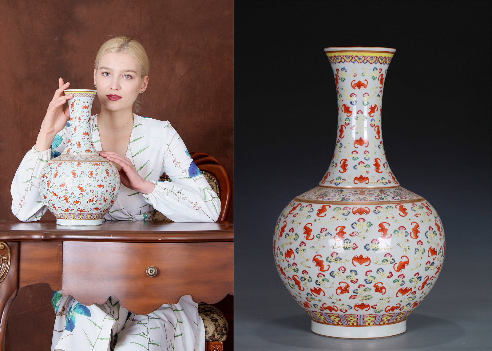 A FAMILLE ROSE 'BATS AND LONGEVITY' BOTTLE VASE: A FAMILLE ROSE 'BATS AND LONGEVITY' BOTTLE VASE Size:Height:39cm