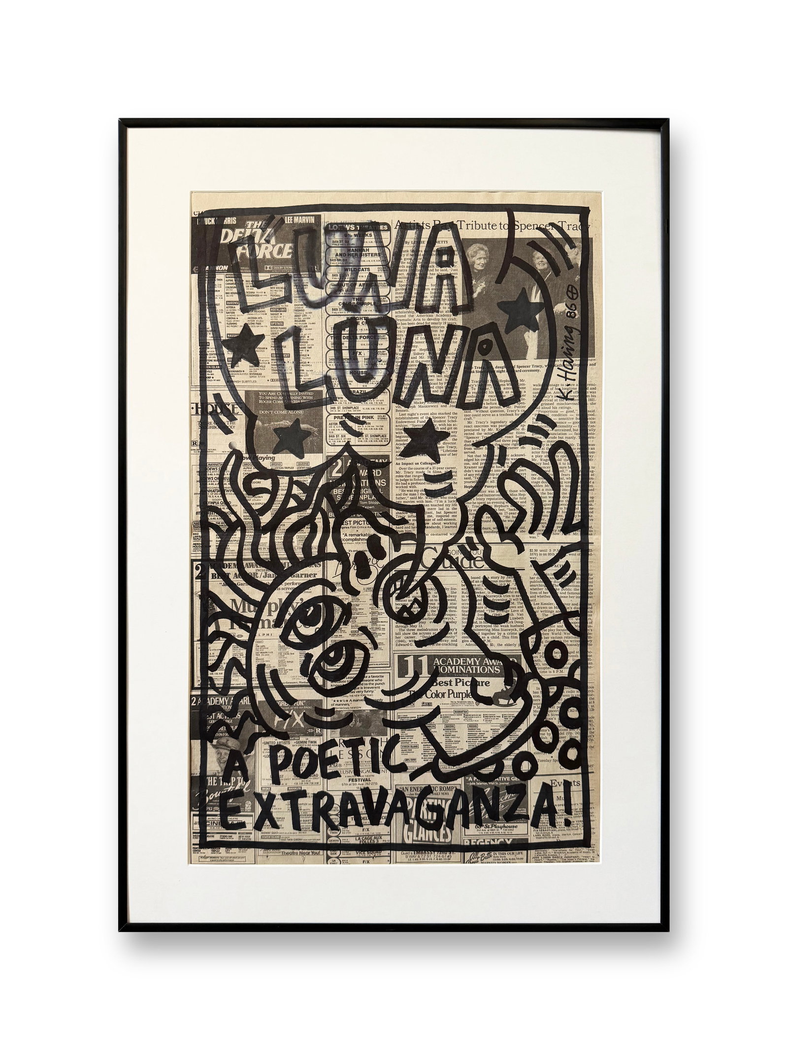 A MARKER PEN ON NEWSPAPER WITH THE MARK OF KEITH HARING: A MARKER PEN ON NEWSPAPER WITH THE MARK OF KEITH HARING 55.5*34.5cm;Framed Dimensions:65*44cm