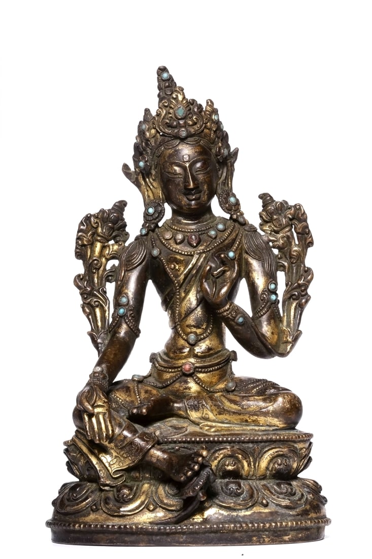 A GILT-BRONZE GEM-SET FIGURE OF GREEN TARA: A GILT-BRONZE GEM-SET FIGURE OF GREEN TARA Height:16cm,Length:9.5cm,Width:7.5cm;Weight:757grams
