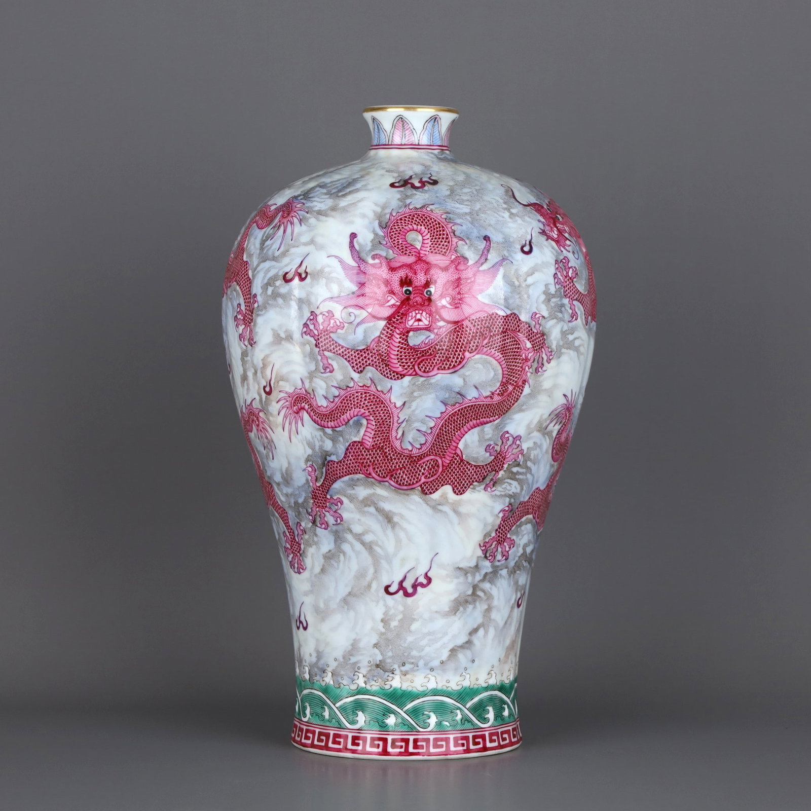 A FAMILLE ROSE RUBY-RED 'FIVE DRAGONS' PRUNUS VASE: A FAMILLE ROSE RUBY-RED 'FIVE DRAGONS' PRUNUS VASE Height:32.6cm,Diam:19.7cm