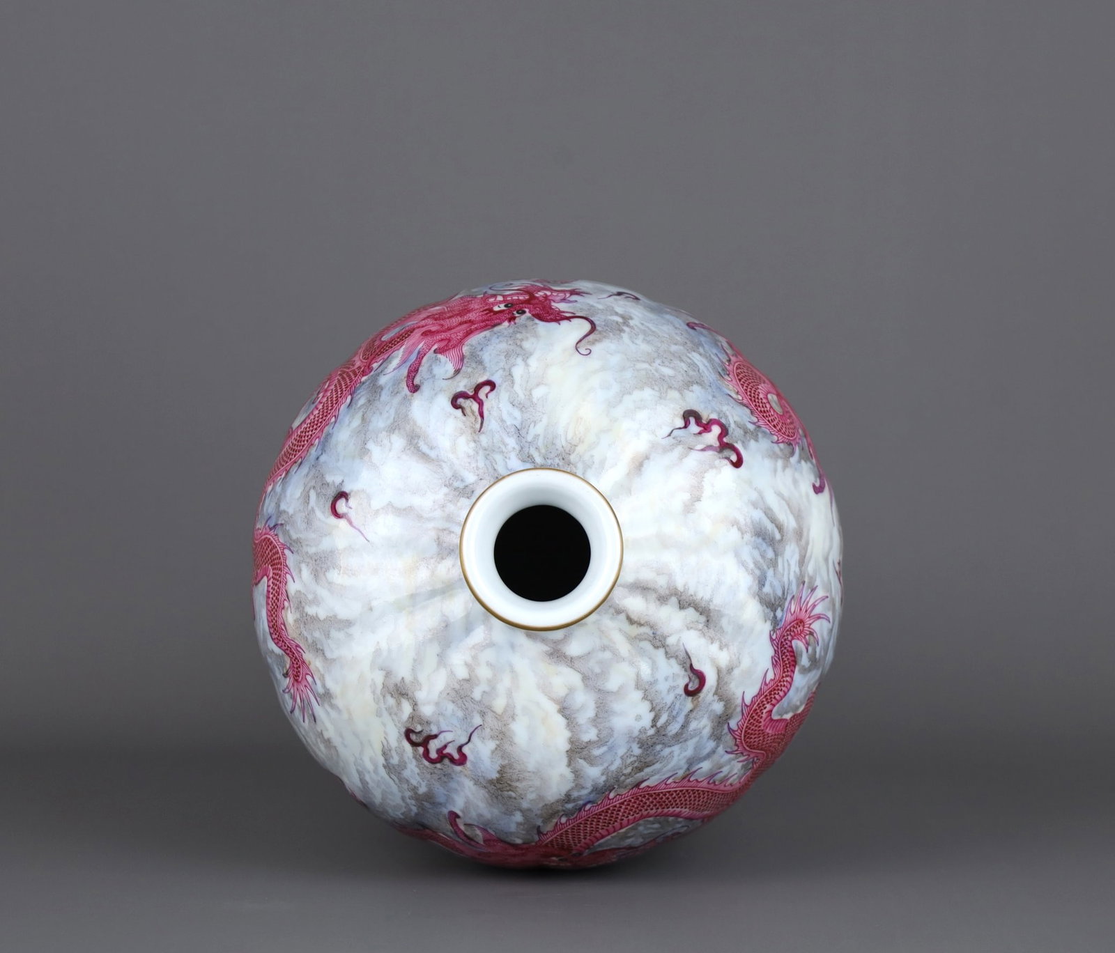 A FAMILLE ROSE RUBY-RED 'FIVE DRAGONS' PRUNUS VASE - 4