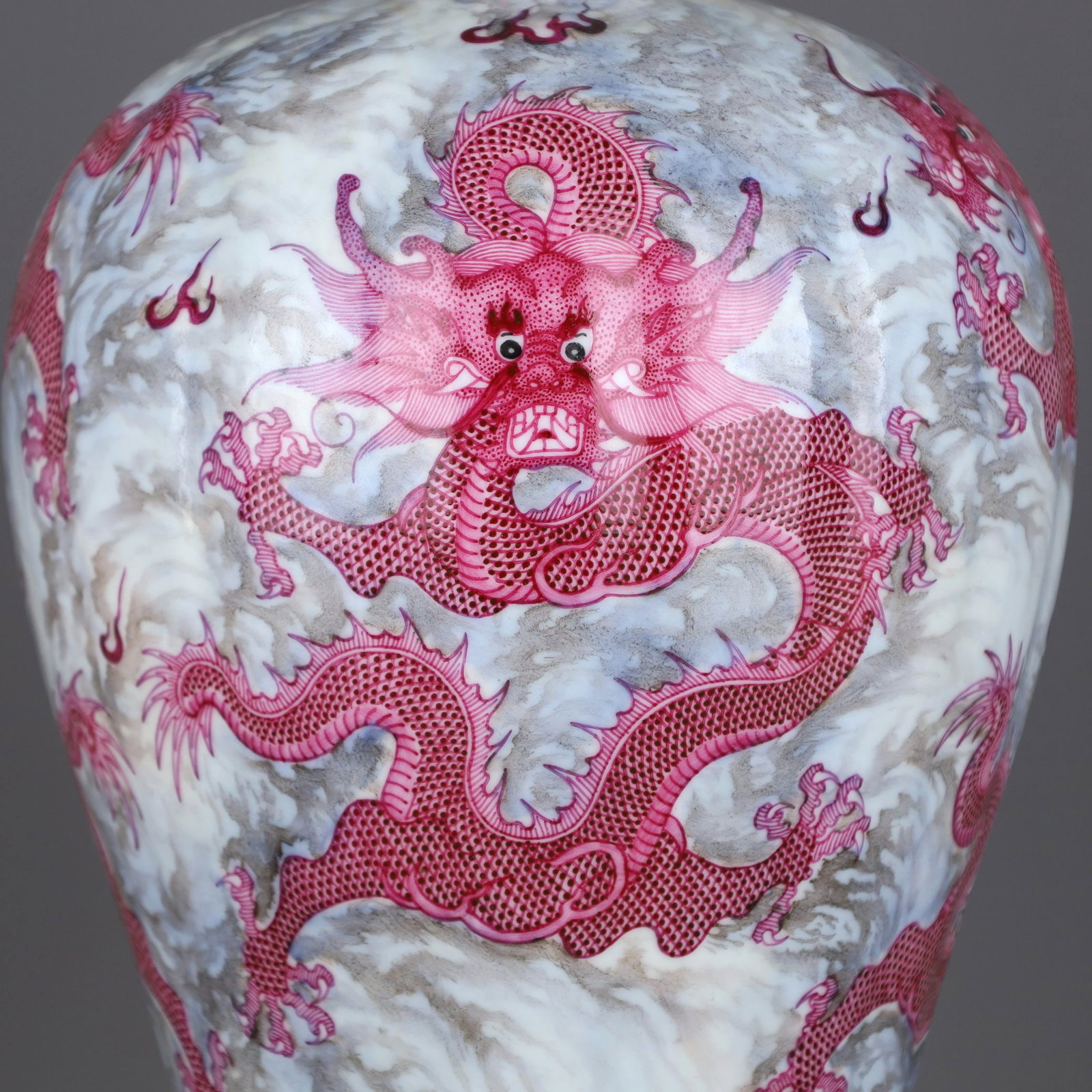 A FAMILLE ROSE RUBY-RED 'FIVE DRAGONS' PRUNUS VASE - 5