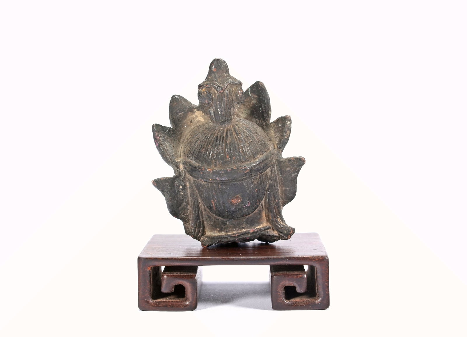 A BRONZE BUDDA HEAD ROSEWOOD SCROLL-SHAPED BASE - 4