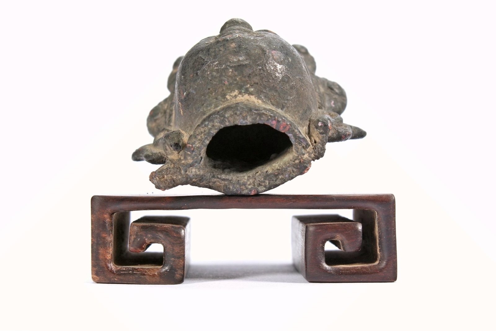 A BRONZE BUDDA HEAD ROSEWOOD SCROLL-SHAPED BASE - 7