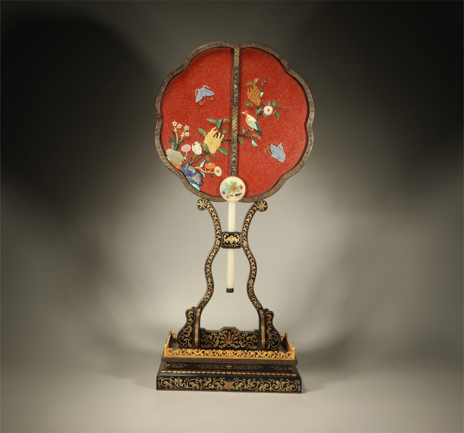 Red Sandalwood Inlaid Multi GemStone and Gold Drawing Carved Flower and Bird Pattern Table Plaque: Red Sandalwood Inlaid Multi GemStone and Gold Drawing Carved Flower and Bird Pattern Table Plaque (75 x 31 x 17.5cm)