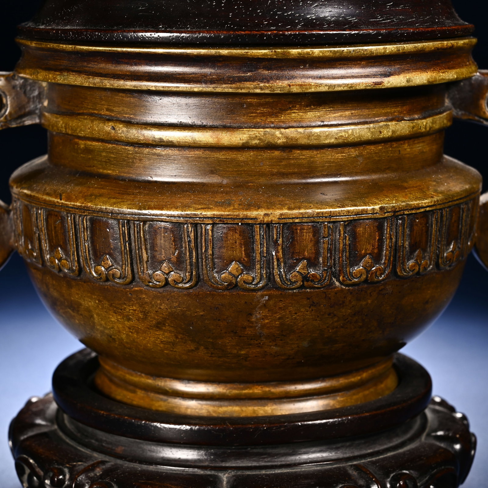 Bronze Carved Cloud Pattern Double Ears Incense Burner - 2