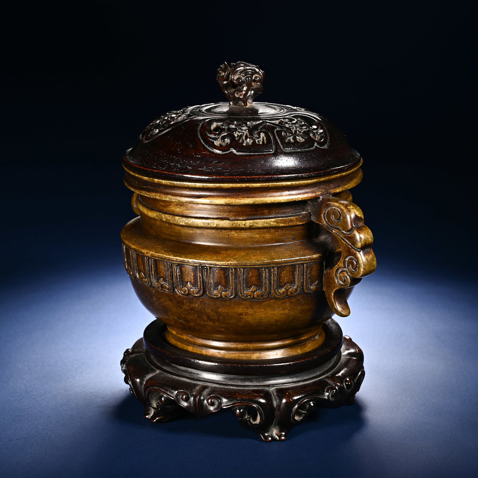 Bronze Carved Cloud Pattern Double Ears Incense Burner - 3