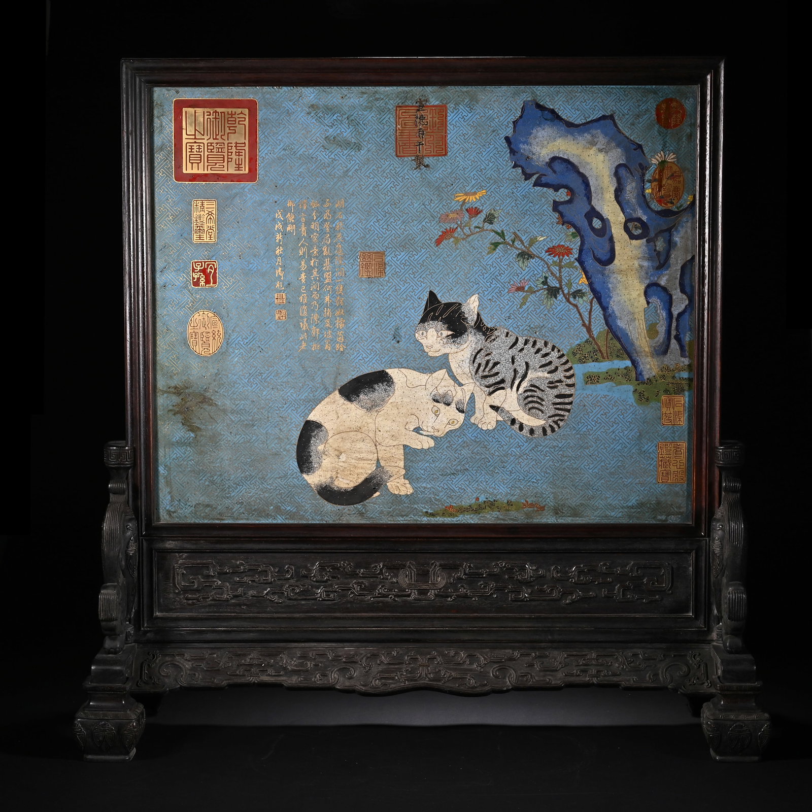 Red Sandalwood Inlaid Bronze Cloisonne Carved Cat and Poetry Pattern Table Plaque: Red Sandalwood Inlaid Bronze Cloisonne Carved Cat and Poetry Pattern Table Plaque (57 x 56cm)