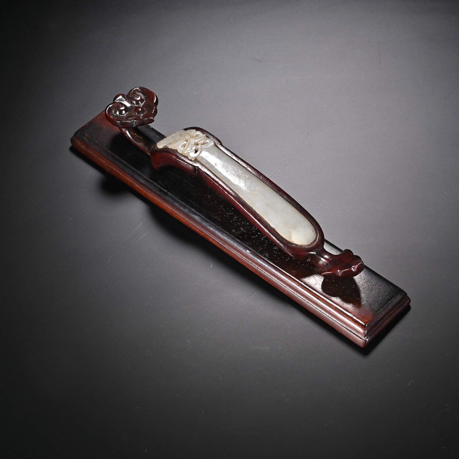 Rosewood Inlaid Jade Carved RuYi Shape Paper Weight: Rosewood Inlaid Jade Carved RuYi Shape Paper Weight (3.7 x 21cm)